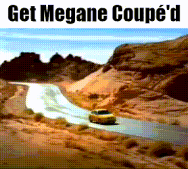 a yellow car is driving down a desert road with the words get megane coupe 'd on the top