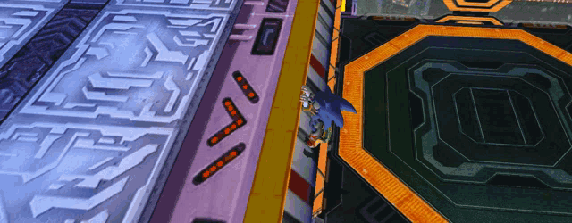a sonic the hedgehog video game character is standing on a purple and orange floor