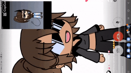a phone screen shows a drawing of a girl with sunglasses and a caption that says copcut
