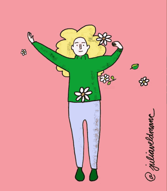 a drawing of a woman with flowers in her hair and the name julia weldman on the bottom