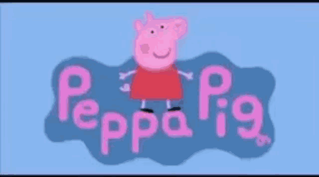 a cartoon character named peppa pig is standing in front of the word peppa pig on a blue background .