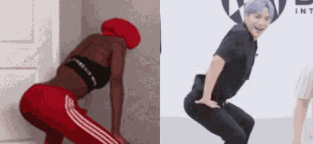 a woman in a red hat is squatting next to a man in black pants .