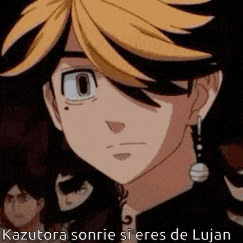 a close up of a person 's face with the words `` kazutora sonrie si eres de lujan '' .