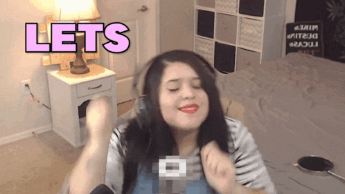a woman is wearing headphones and the word lets is above her head