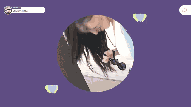 a woman wearing sunglasses is surrounded by hearts and a purple background