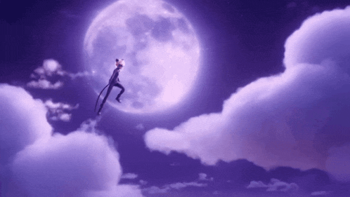 a cartoon cat is flying in the air in front of a full moon
