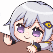 a cartoon girl with white hair and purple eyes is laying on a table .