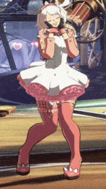a girl in a white dress and pink stockings is standing on a wooden floor