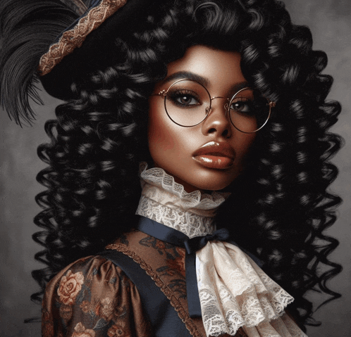 a woman with curly hair is wearing glasses and a feathered hat