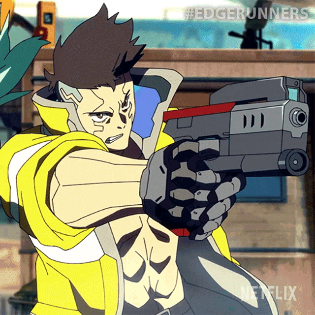 a cartoon of a man holding a gun with the hashtag #edgerunners