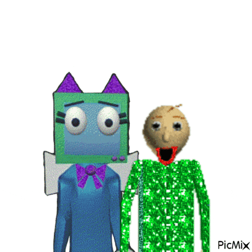 a cartoon character with a box on his head stands next to another character with a green outfit