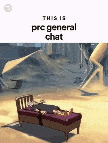 a cartoon of a man laying on a bed with the words this is prc general chat above him
