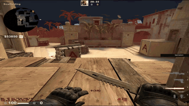 a screenshot of a video game with a knife in the foreground and the time of 20:22