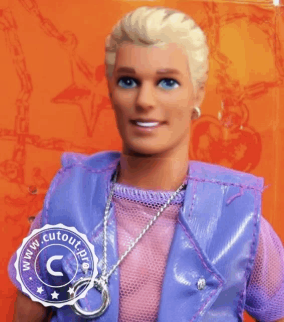 a barbie doll is wearing a purple vest and a necklace with a www.cutout.pro logo