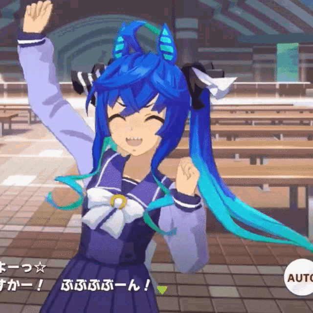 a cartoon girl with blue hair and a bow in her hair is raising her arms in the air