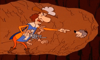 a cartoon of a man pointing at a hedgehog in the dirt