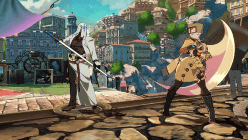 a video game scene with a man holding a sword