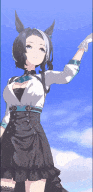 a girl in a black and white dress is standing in front of a blue sky with her hand in the air