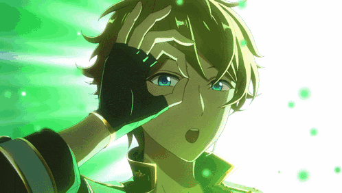 a cartoon character with green hair and a black glove on