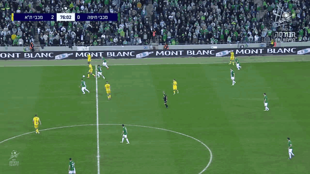 a soccer game is being played on a field with mont blanc advertisements on the sidelines