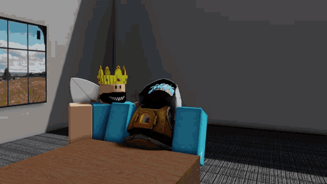 a cartoon character wearing a crown is sitting on a blue couch
