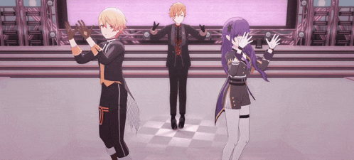 three anime characters are dancing on a stage