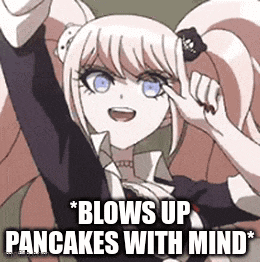 a picture of a girl with the words `` blows up pancakes with mind '' written on it .