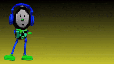 a cartoon character wearing blue headphones and green shoes