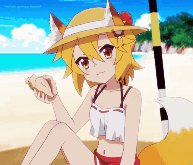 a girl with a fox tail is sitting on a beach holding a shell