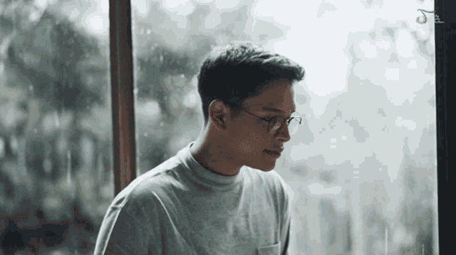a man wearing glasses and a grey shirt looks out a window with the letter j on the bottom right