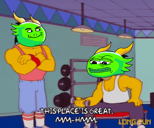 a cartoon of a man lifting a dumbbell with the caption " this place is great mm-hmm "