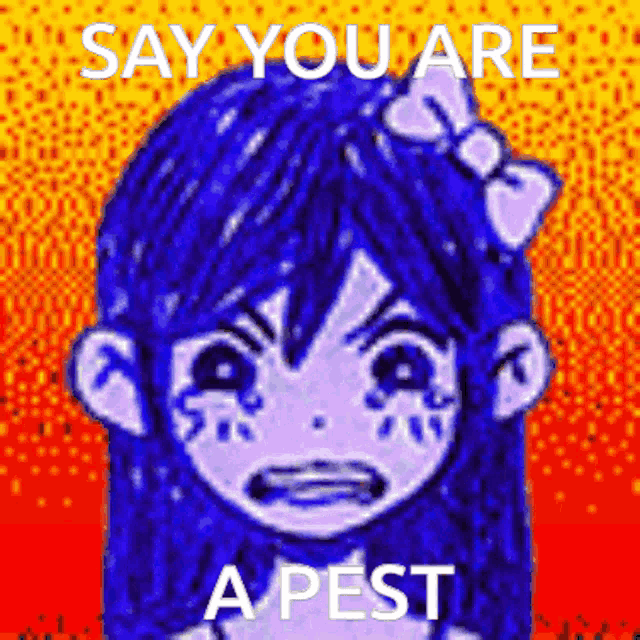 a pixel art of a girl with blue hair and a bow on her head with the words `` say you are a pest '' .