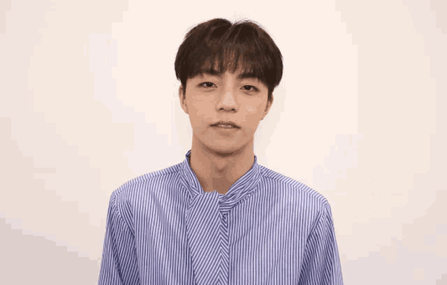 a young man wearing a blue striped shirt and tie