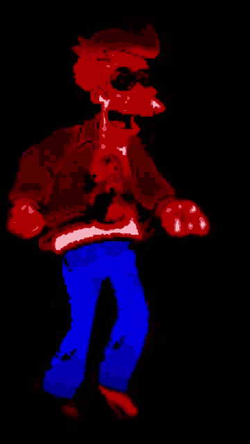 a pixel art drawing of a man in red and blue pants