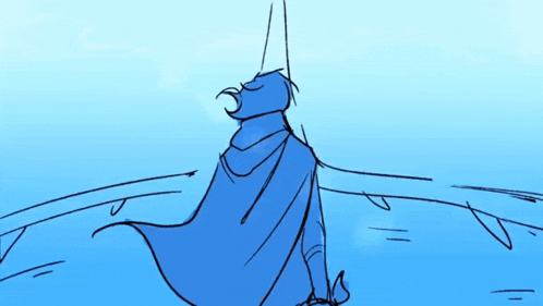 a drawing of a person wearing a blue cape standing in the water