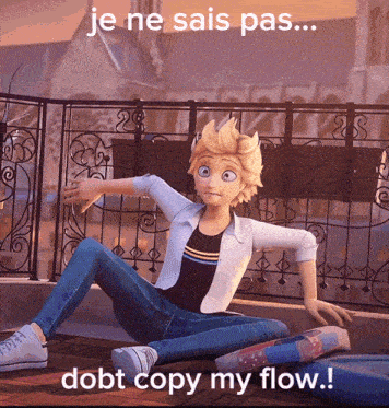 a cartoon character sitting on the ground with the words je ne sais pas debt copy my flow below him