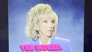 a woman in a blue jacket says yes indeed in pink letters