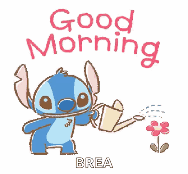 stitch is watering a flower with a watering can and saying good morning brea .