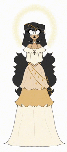 a drawing of a woman in a white dress with a cross around her neck