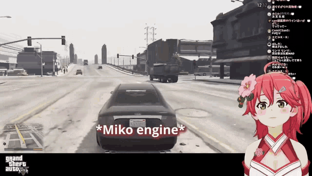 a video game screen shows a car driving down a street with the words * miko engine * on it