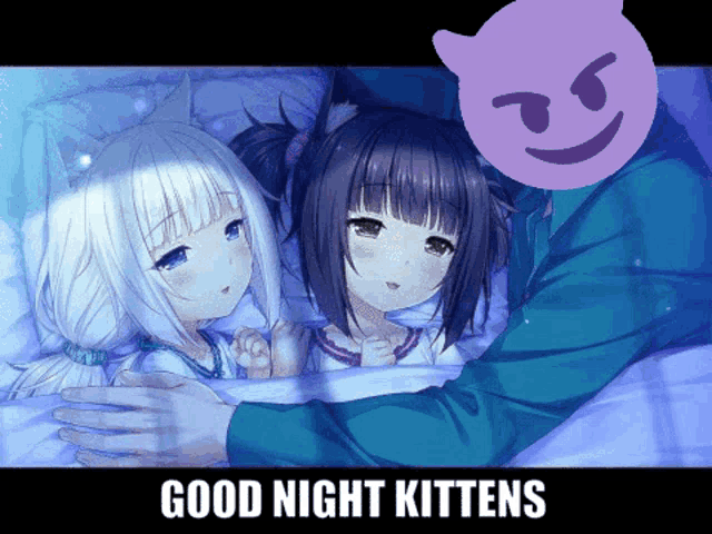 a man is hugging two anime girls with the words good night kittens on the bottom