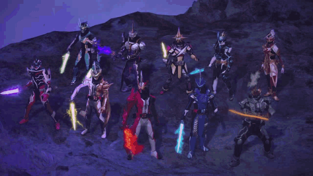 a group of people are standing in front of a purple explosion with chinese writing on the bottom
