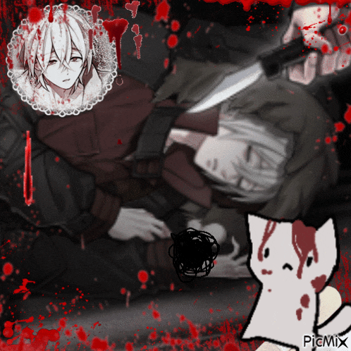 a black and white drawing of a man holding a knife and a cat with blood on it