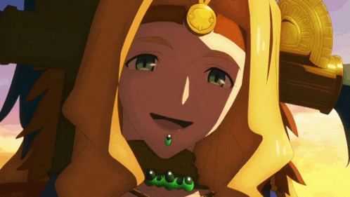 a close up of a cartoon character with a green necklace and a gold coin on her head