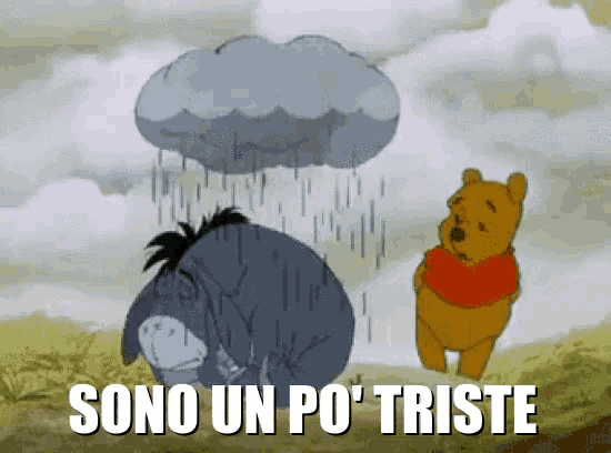 eeyore and winnie the pooh are standing in the rain under a cloud