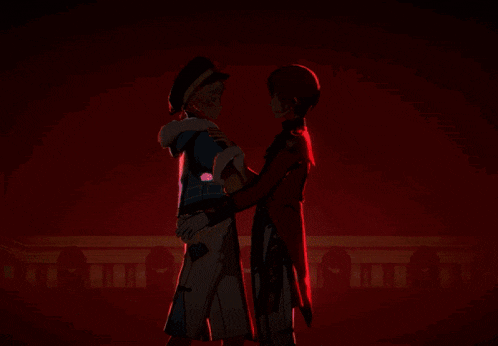 a couple of anime characters looking at each other with a red background