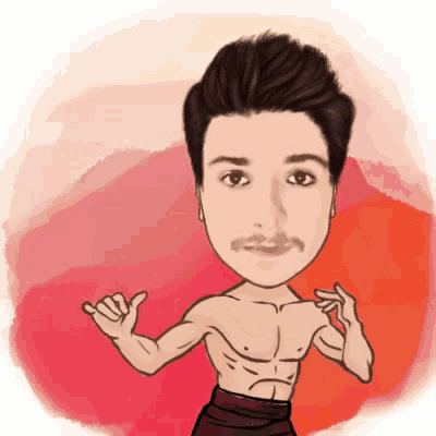 a cartoon drawing of a shirtless man with a mustache giving a thumbs up