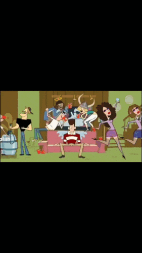 a group of cartoon characters are gathered around a table and one of them is wearing a shirt that says oh