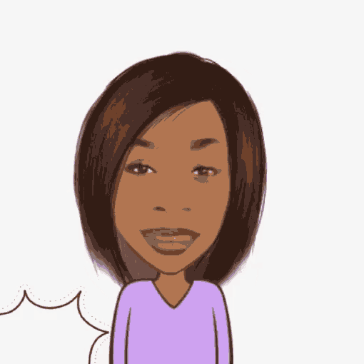 a cartoon of a woman in a purple shirt with her hands up