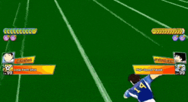 a soccer player is kicking a soccer ball while another player tries to tackle him